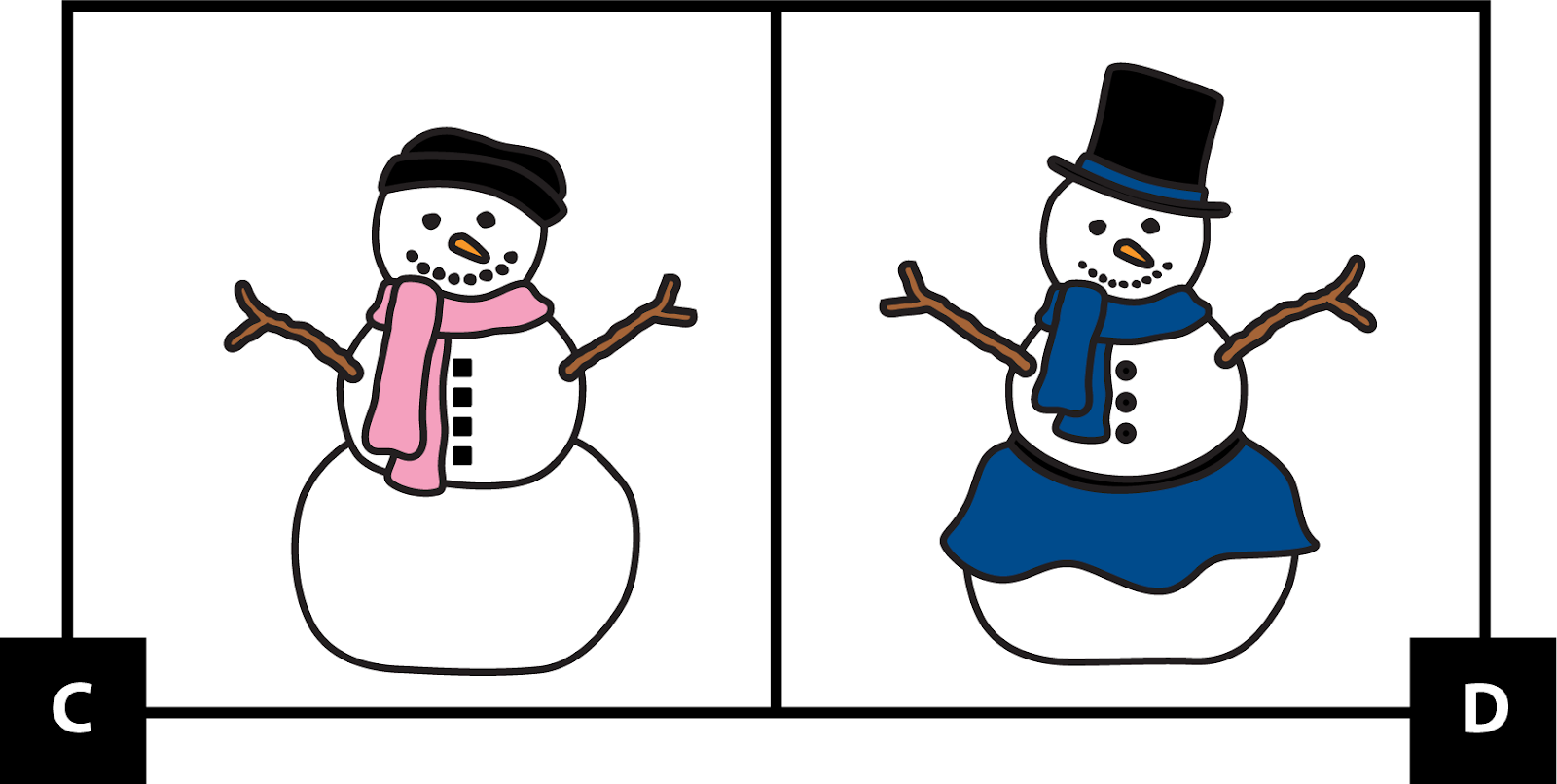 C. shows a snow person with a black beret hat. The face has 2 dots for eyes and an orange triangle nose. The smile has 8 dots. It's wearing a long pink scarf. The arms are 2 short sticks with 2 short parts that look like fingers. It has 4 square buttons. D. is a snow person with a tall black top hat. The face has 2 dots for eyes and an orange triangle nose. The smile has 9 dots. It's wearing a short blue scarf and a blue skirt. The arms are 2 long sticks with 2 short parts that look like fingers. It has 3 circle buttons.