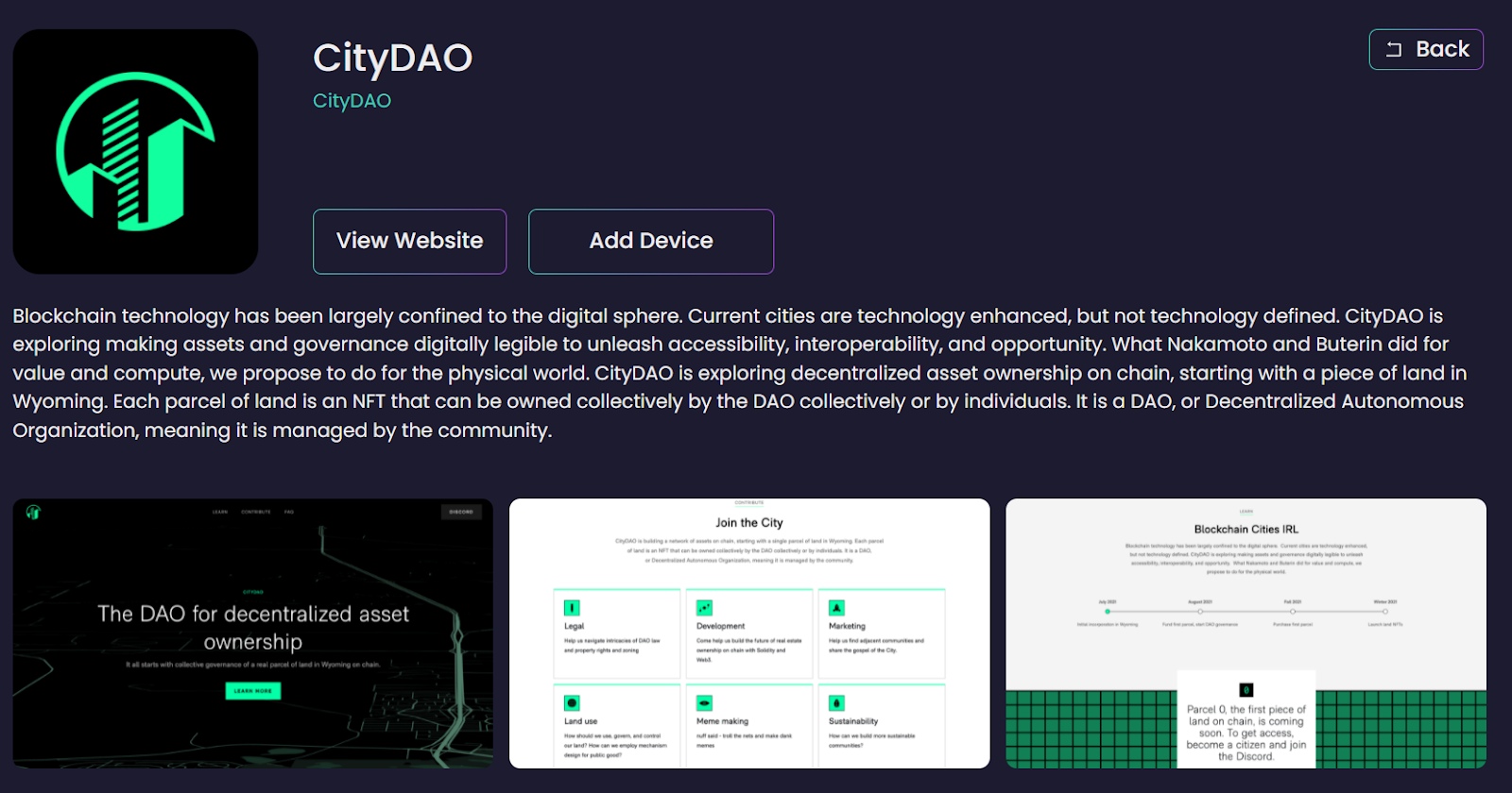 Screenshot of CityDAO on the MachineFi Portal