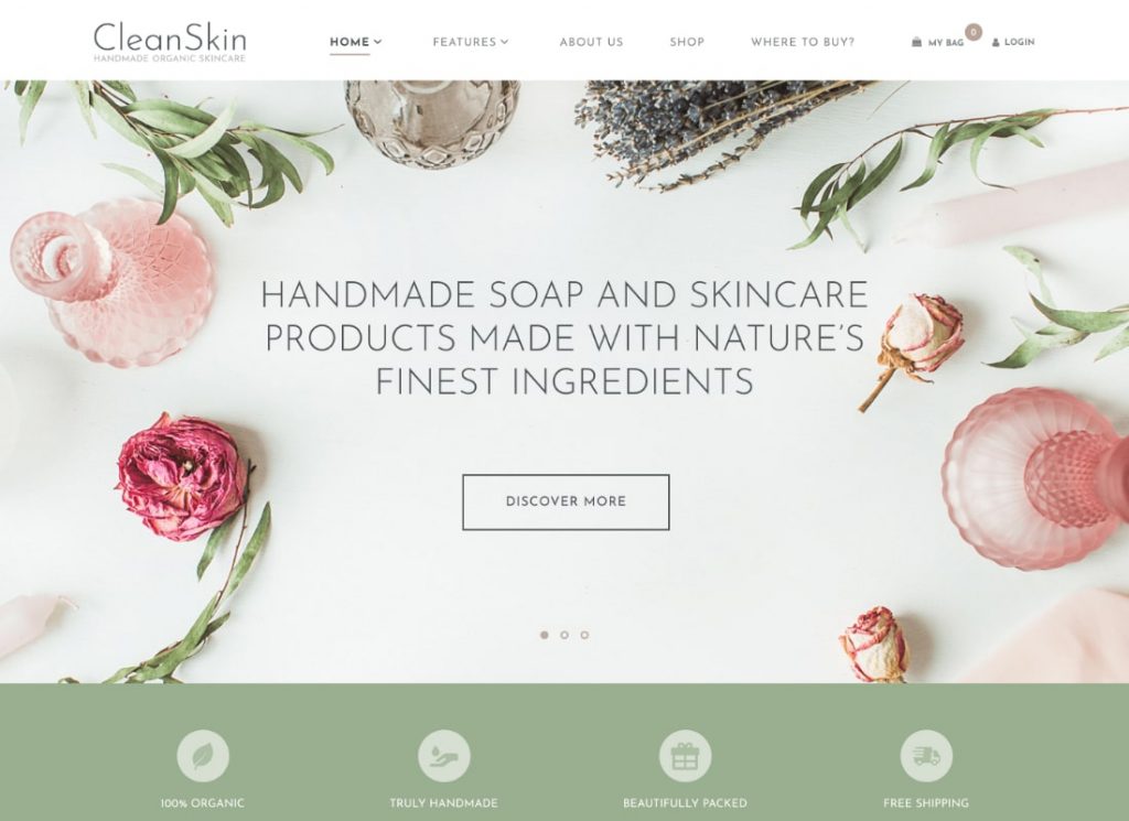 CleanSkin |  Thème WordPress pour boutique de savons bio faits à la main et de cosmétiques naturels + Elementor