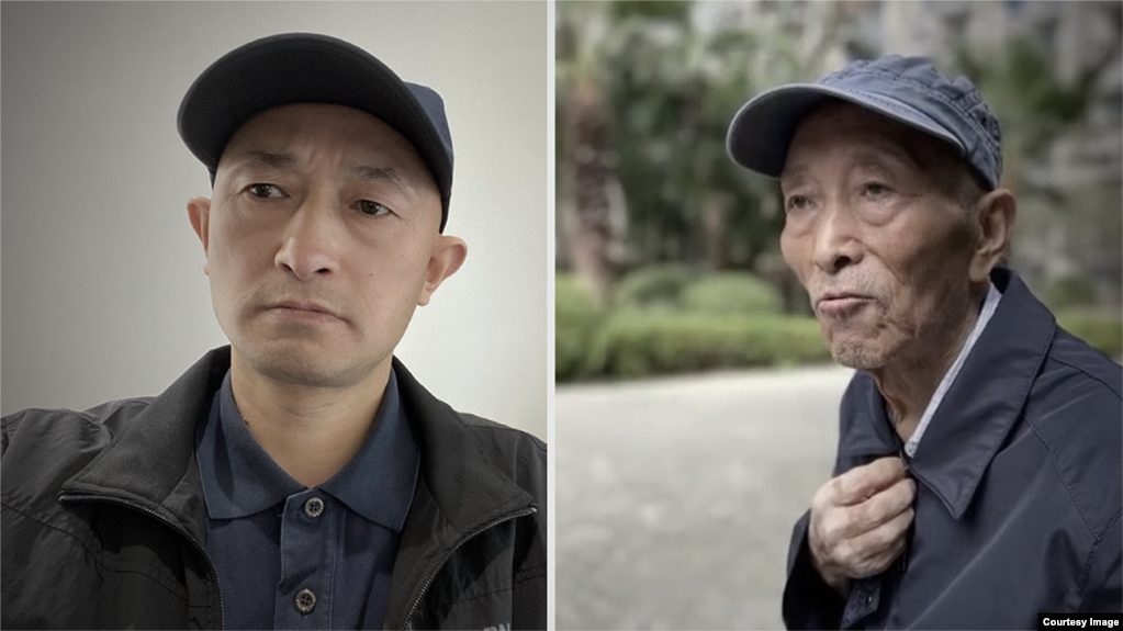 武汉新冠肺炎难属张海(左),去年2月感染新冠病毒去世的父亲张立发