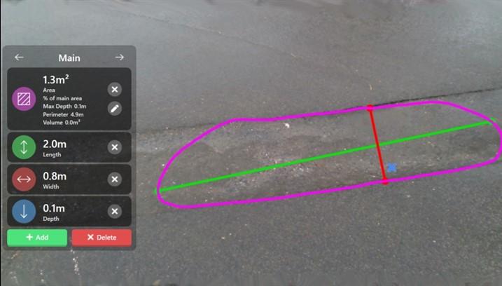 Screen shot of GPC software measuring a pot hole on a road
