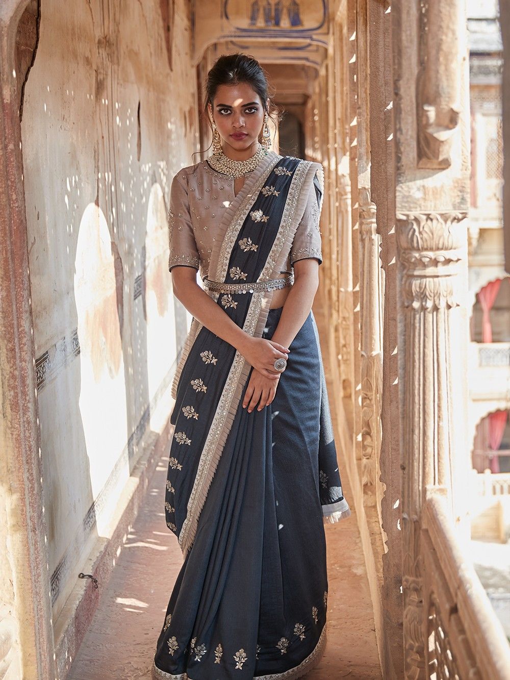 buy navy blue hand embroidered chanderi silk saree
