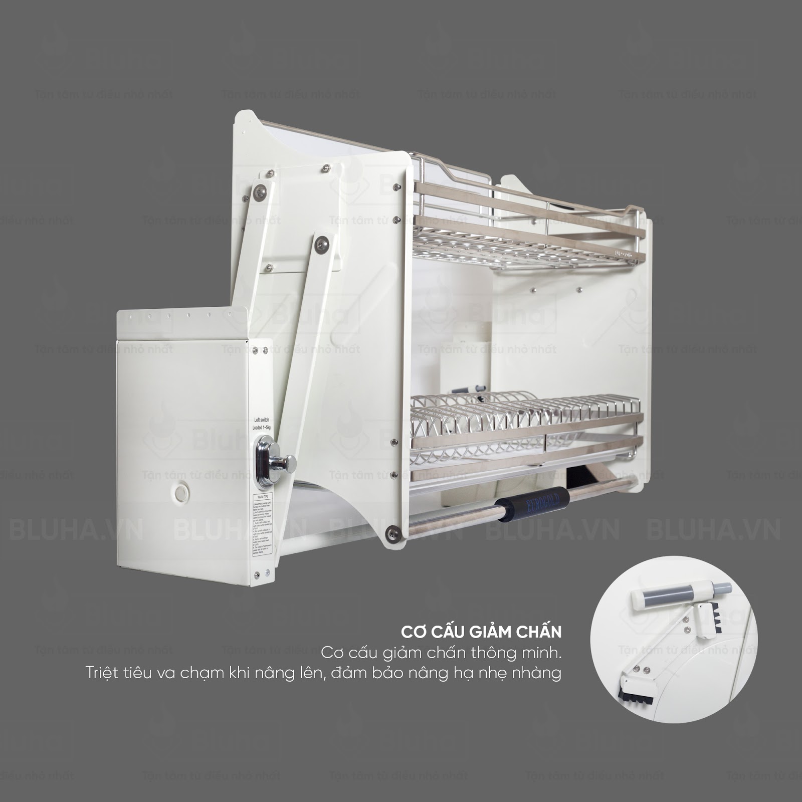 Cơ cấu giảm chấn thông minh và tiện lợi - Giá bát nâng hạ Eurogold Inox EVI.170 - Phụ kiện bếp chính hãng