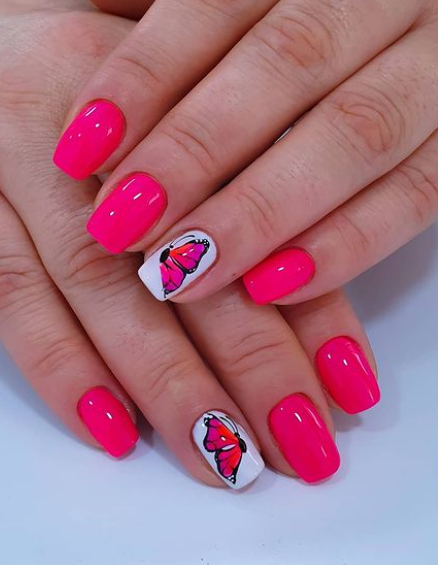 Pretty Flies In Pink Butterfly Nail Design