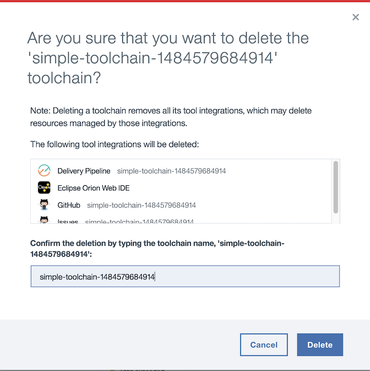 Toolchain deletion confirmation