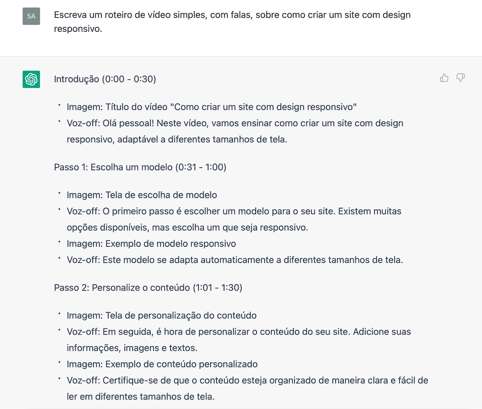 chatgpt criando roteiro para vídeo sobre como criar um site