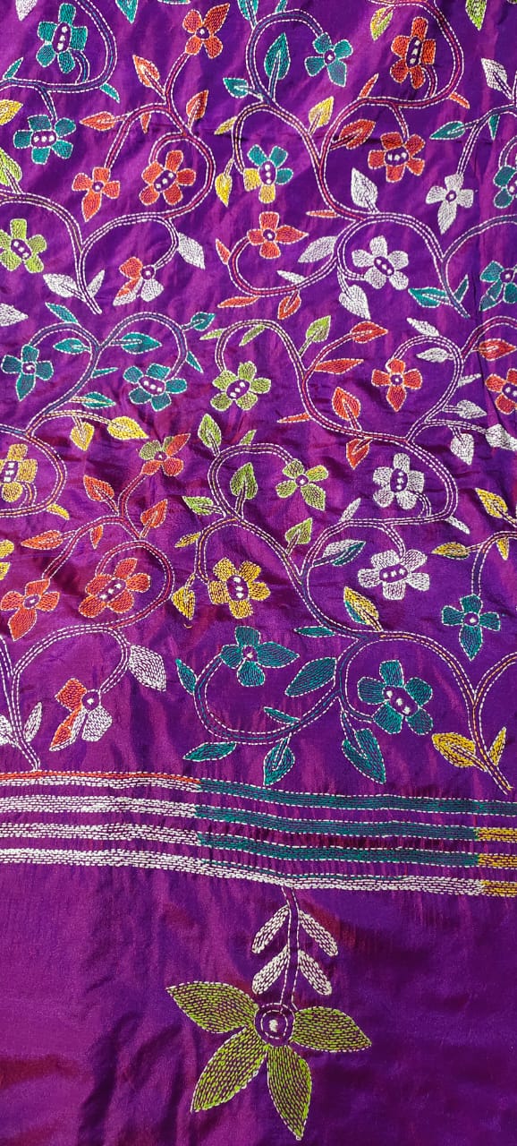 Bangalore Silk Hand Kantha Stitch Saree