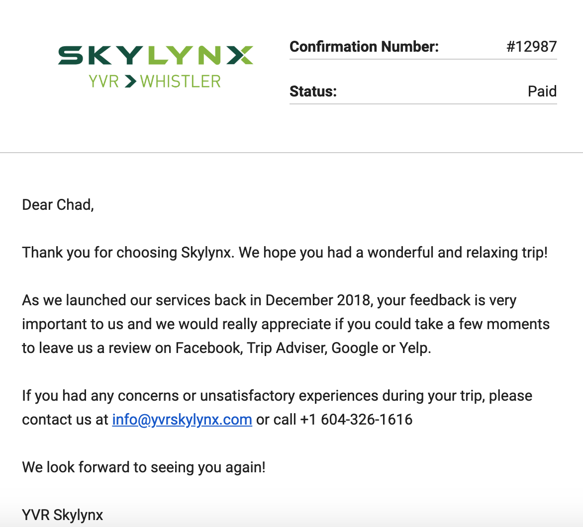 skylynx confirmation emails