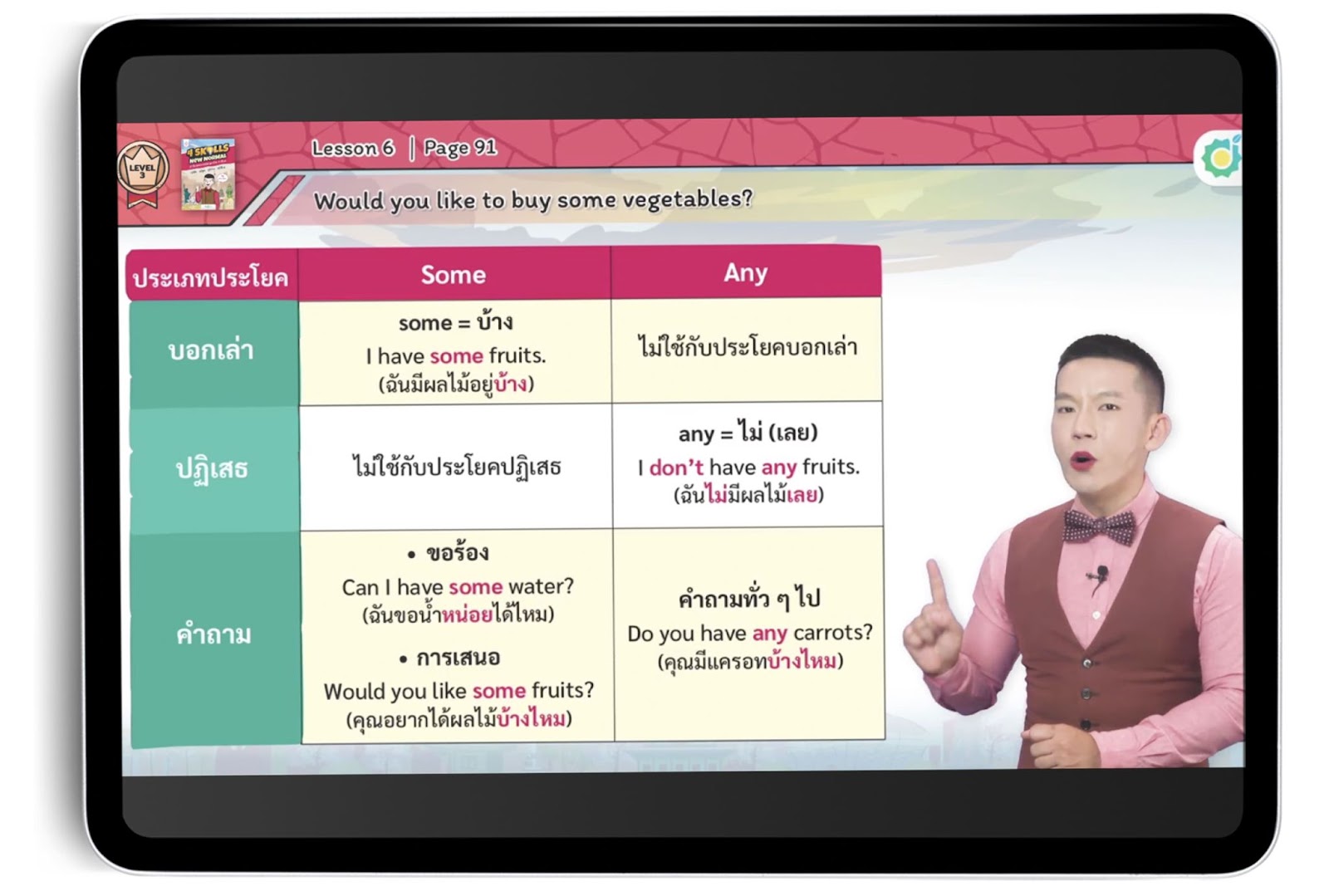 a tutorial video with a tutor explaining a grammar concept playing on an iPad screen