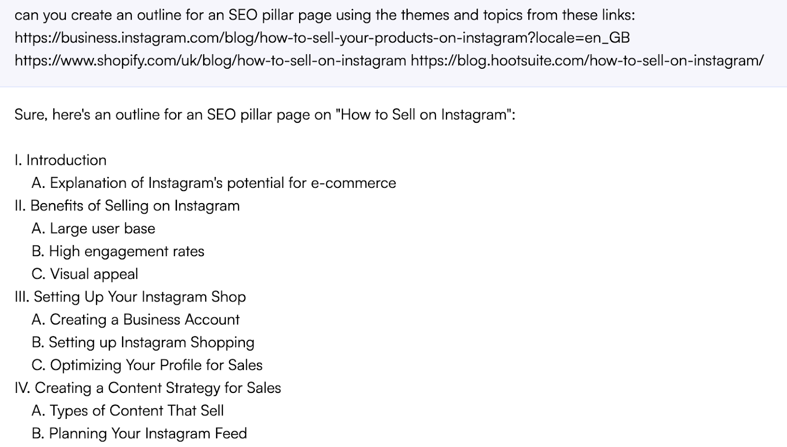An AI-generated outline for an SEO pillar page on "How to Sell on Instagram."