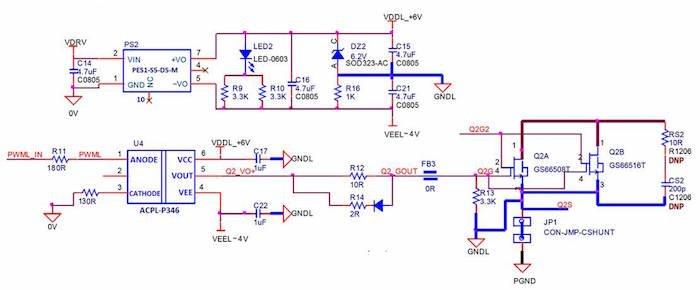 Schematic of ACPL-P346 gate drive circuit for GaN Systems half bridge evaluation board