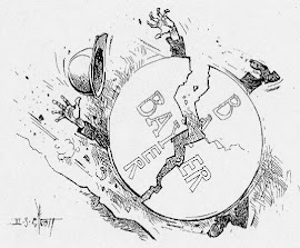 Karikatur: Beschäftigter am zerbrechenden Bayer-Kreuz rollt einen Abhang runter, der Schutzhelm fliegt hinterher.