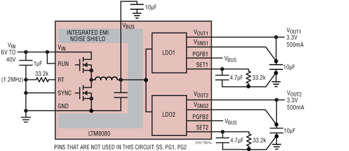 A closer look at LTM8080’s application circuit. Image used courtesy of Analog Devices
