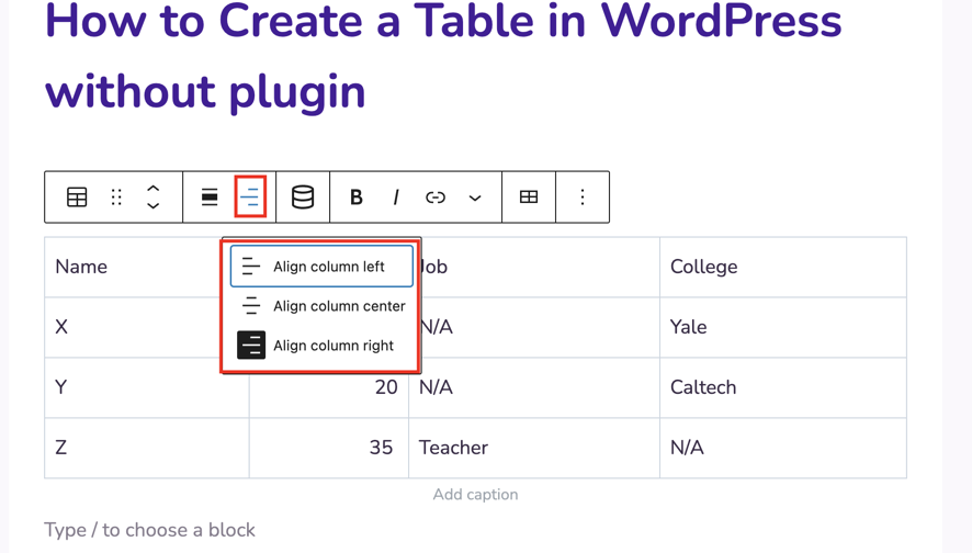 Align your table in WordPress accordingly