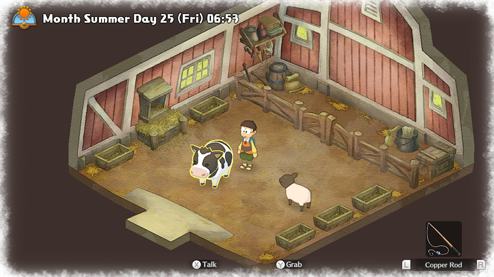 Noby standing in a barn with a sheep and cow.