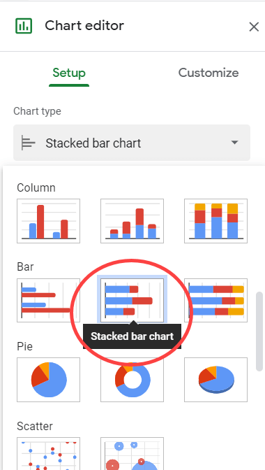 Select Stacked bar chart option in Chart editor