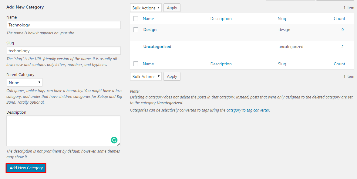 WordPress categories