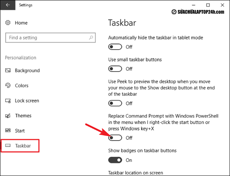 Chọn Taskbar và tắt thanh tùy chọn 