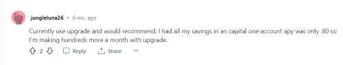 A customer sharing their positive Upgrade bank review. 