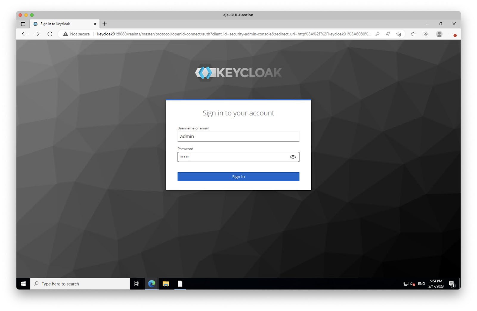 ajs-GUl-Bastion 
Sign in to Keycloak 
C A Not secure I keycloak01:8080/realms/master/protocol/openid-connect/auth?client_id=security-admin-console&redirect_uri=http%3A%2F%2Fkeycloak01%3AE 
«DKEYCLOAV 
Sign in to your account 
Username or email 
admin 
Password 
.....l 
Sign In 