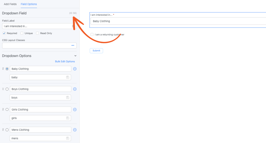 Get the Form ID in the top right of the form panel