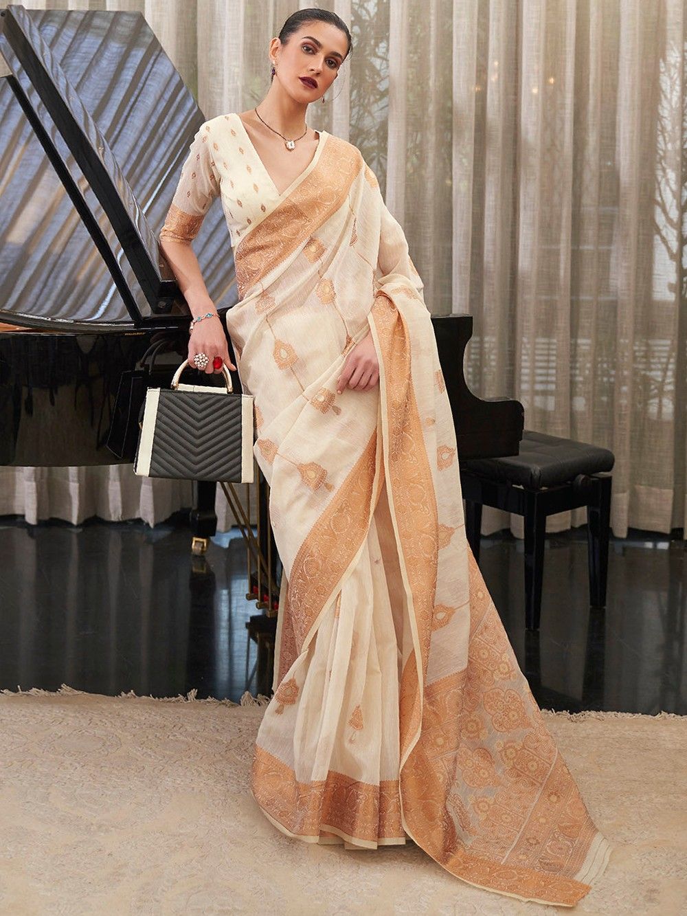 the loom-Off White Zari Woven Linen Saree