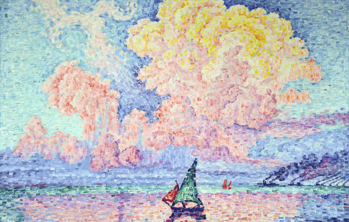 Photo wallpaper sea, landscape, boat, picture, sail, Paul Signac, pointillism, Pink Cloud. Antibes
