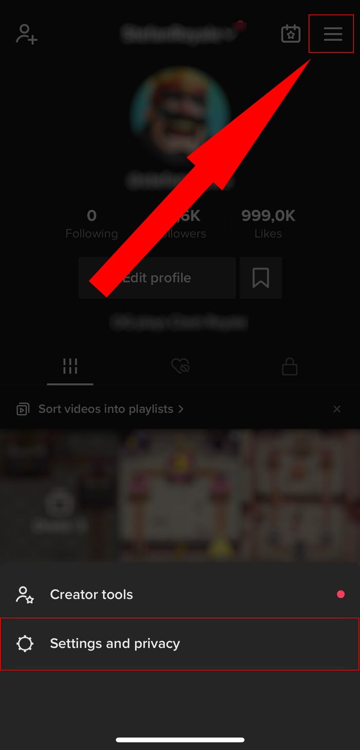 TikTok profile page, with the three-line menu on the top right and the "Settings and privacy" option highlighted.