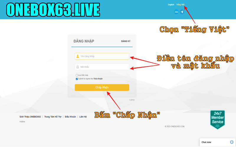 Hướng dẫn đăng nhập, các bước đăng nhập Onebox63

