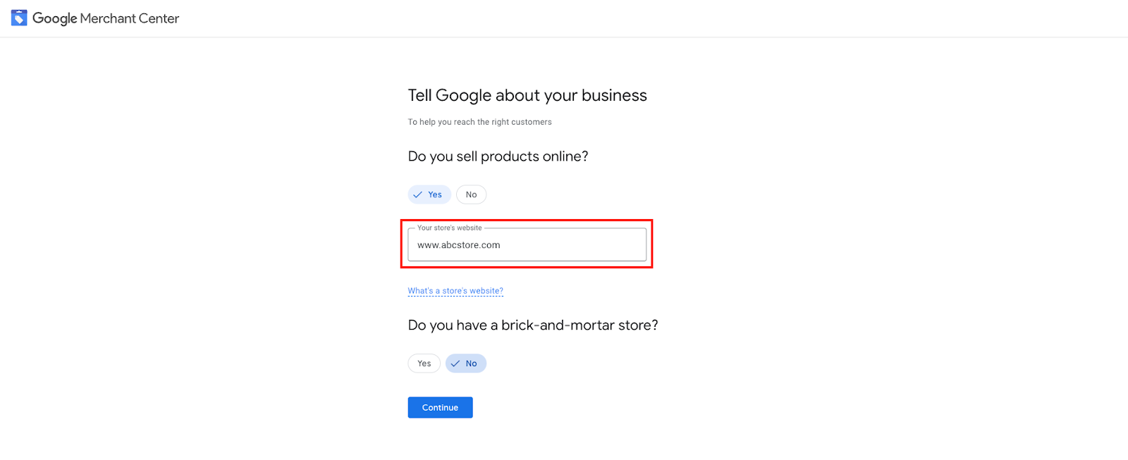 Screenshot of Google Merchant steps to enter business website. 