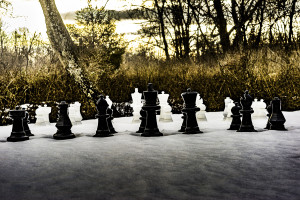 Large outdoor chess set in the snow