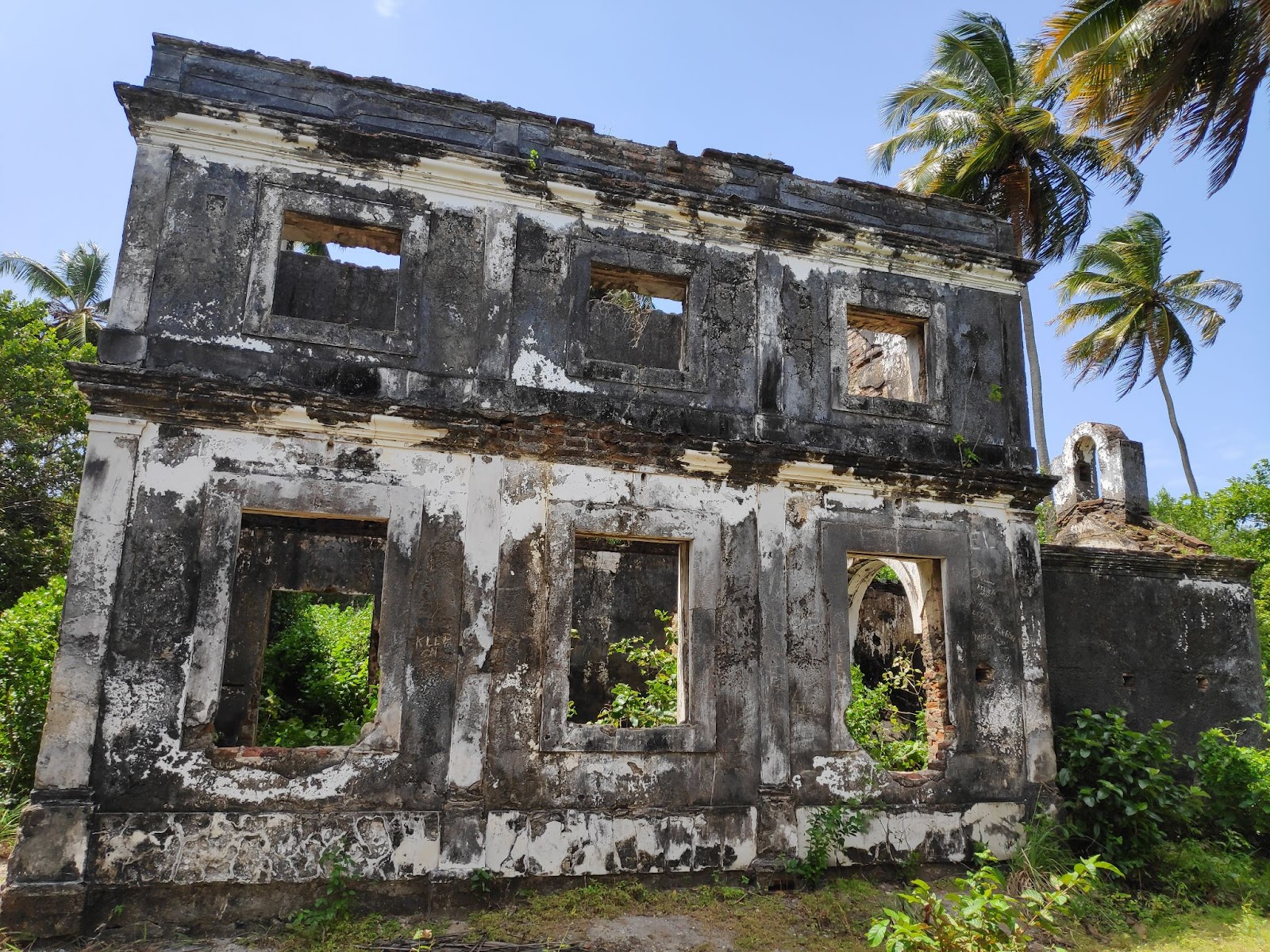 Ruínas da Casa de Padre Tenório. Parede envelhecida com três janelas na parte superior e mais três na inferior, rodeada pela natureza.