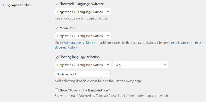 Seleção de idioma flutuante