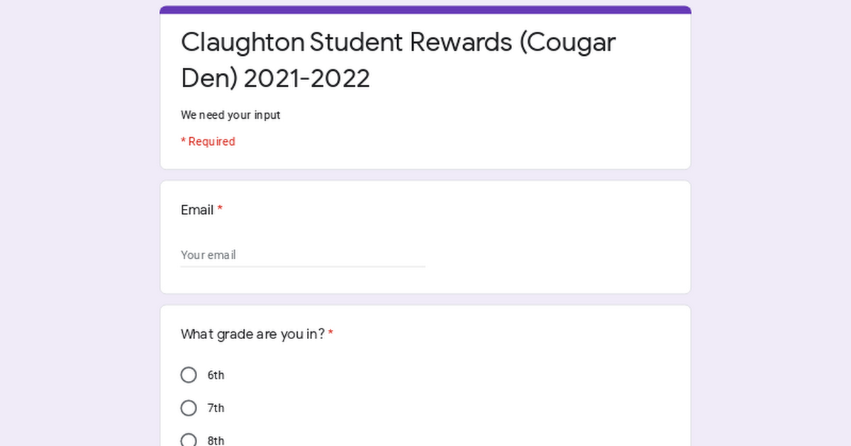 Claughton Student Rewards (Cougar Den) 2021-2022