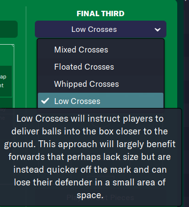 Instructions for low crosses in Football Manager 23.