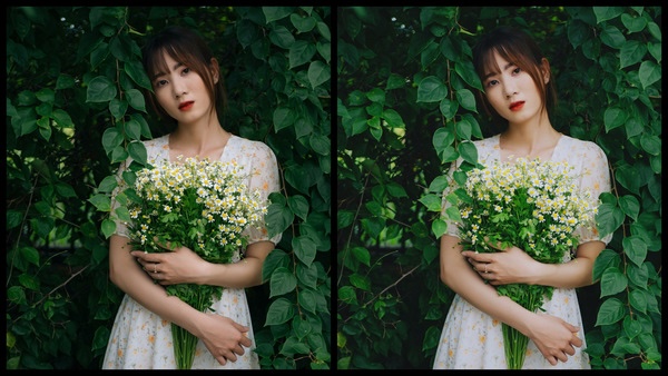 Montagem de duas fotos usando a mesma mulher segurando um buquê de flores, com um vestido florido e em um fundo com várias plantas. Foto 1 sem edições e foto 2 usando o Filtro SI-2