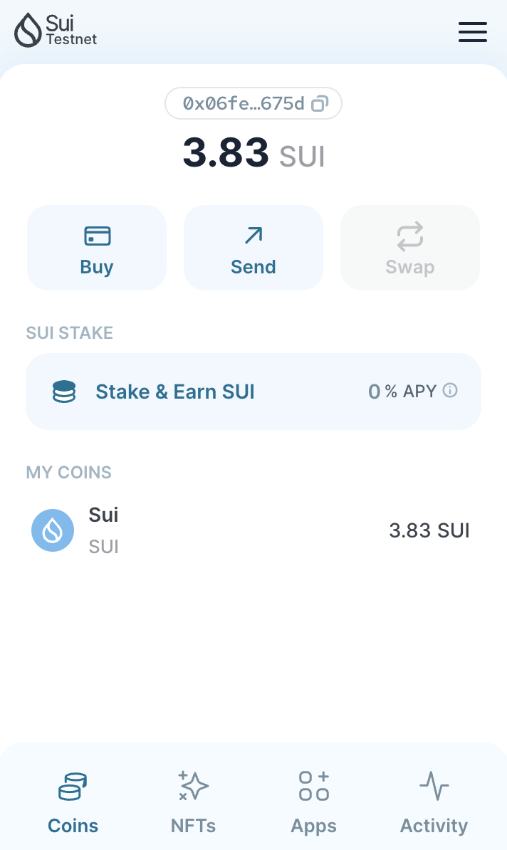 The Sui Wallet interface showing an account balance and wallet address