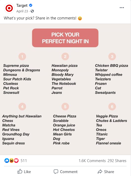 A screenshot of a Facebook post from Target asking users to choose their favorite night in.