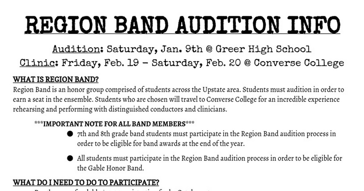 2016 Region Band Audition Info