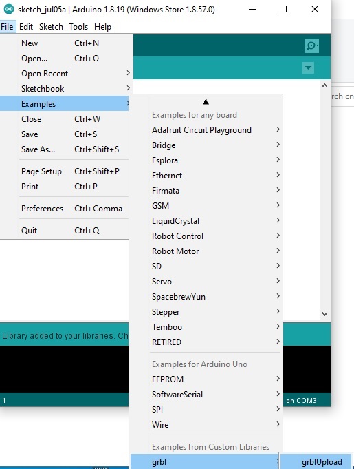 Uploading flashing GRBL to the Arduino Uno board