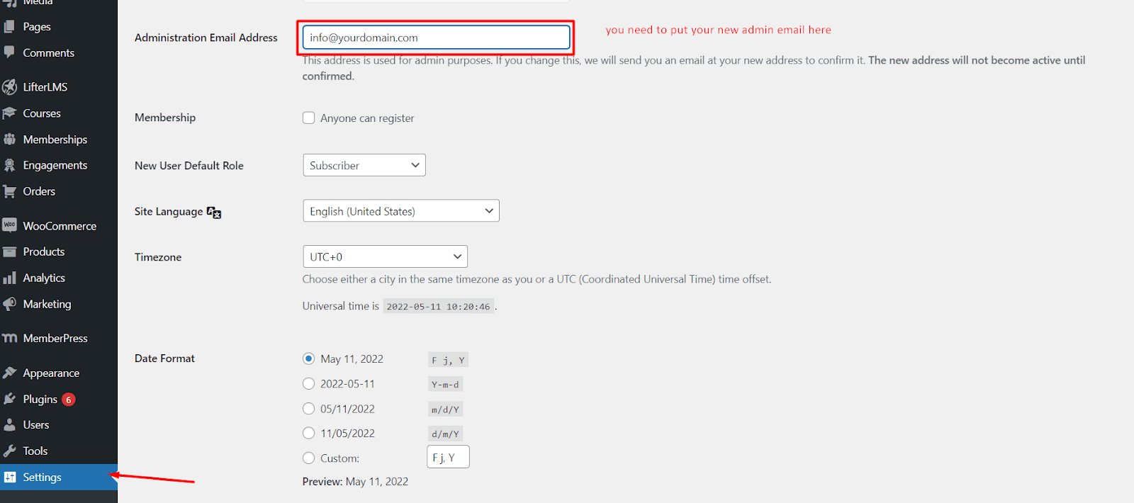 setting menu to find email sender name WordPress admin email field