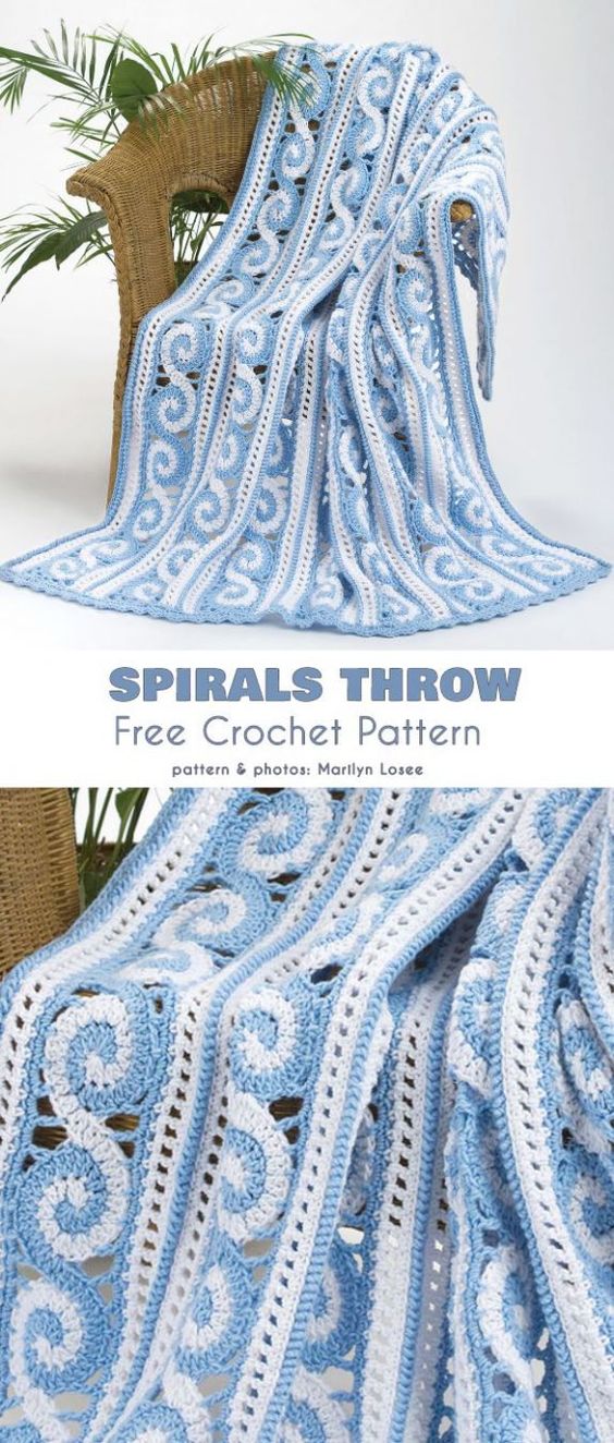 crochet blanket in white and blue with spiral motif