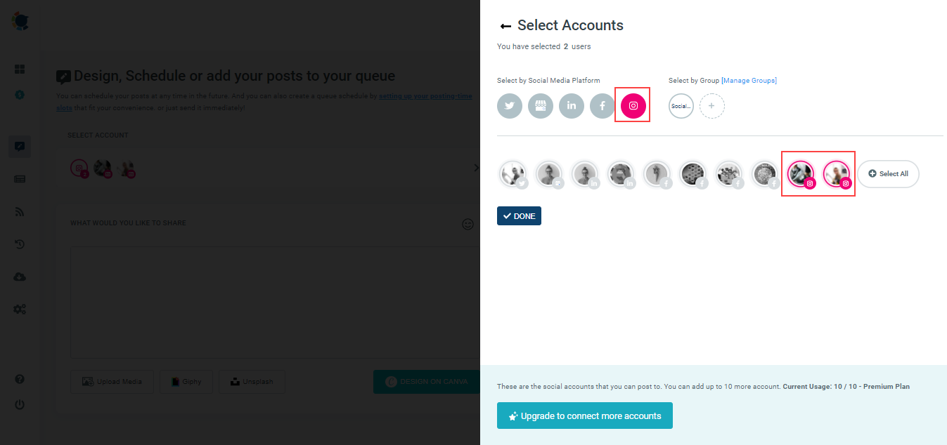 Select Instagram accounts to create and design Instagram content.
