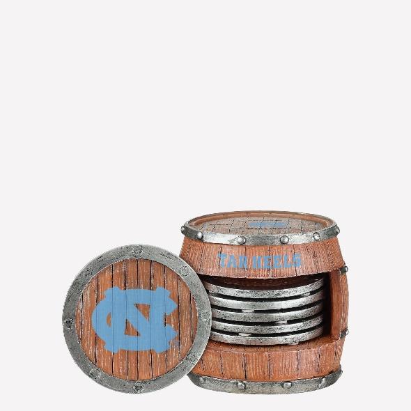 A wooden barrel with a stack of coasters

Description automatically generated