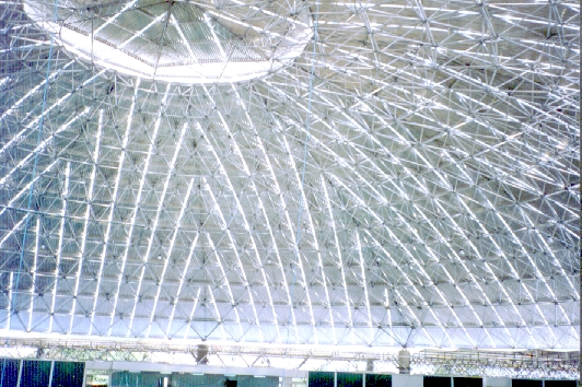 Foto do domo geodésico do Ginásio Poliesportivo Dirceu Arcoverde, um dos projetos de estruturas espaciais em que Paulo Andre Barroso trabalhou.