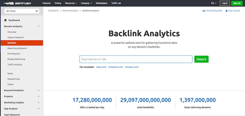 Page de couverture de SEMrush Backlink Analytics