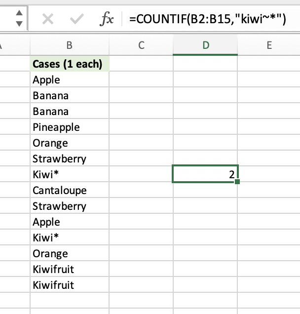 Table displayed next to a formula that shows how to count cells that contain specific text using the tilde wildcard character
