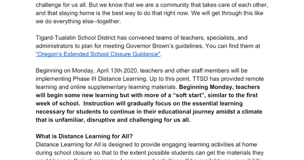 Metzger TTSD Elementary Distance Learning Family Communication (draft)