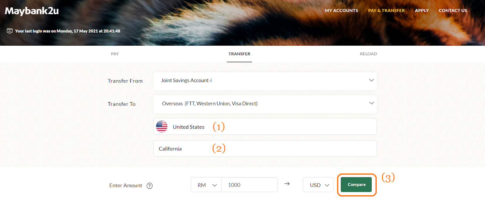 Click on the New Transfer and choose “United States” and “California” for its state