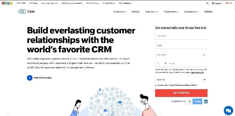 Página de inicio de Zoho CRM